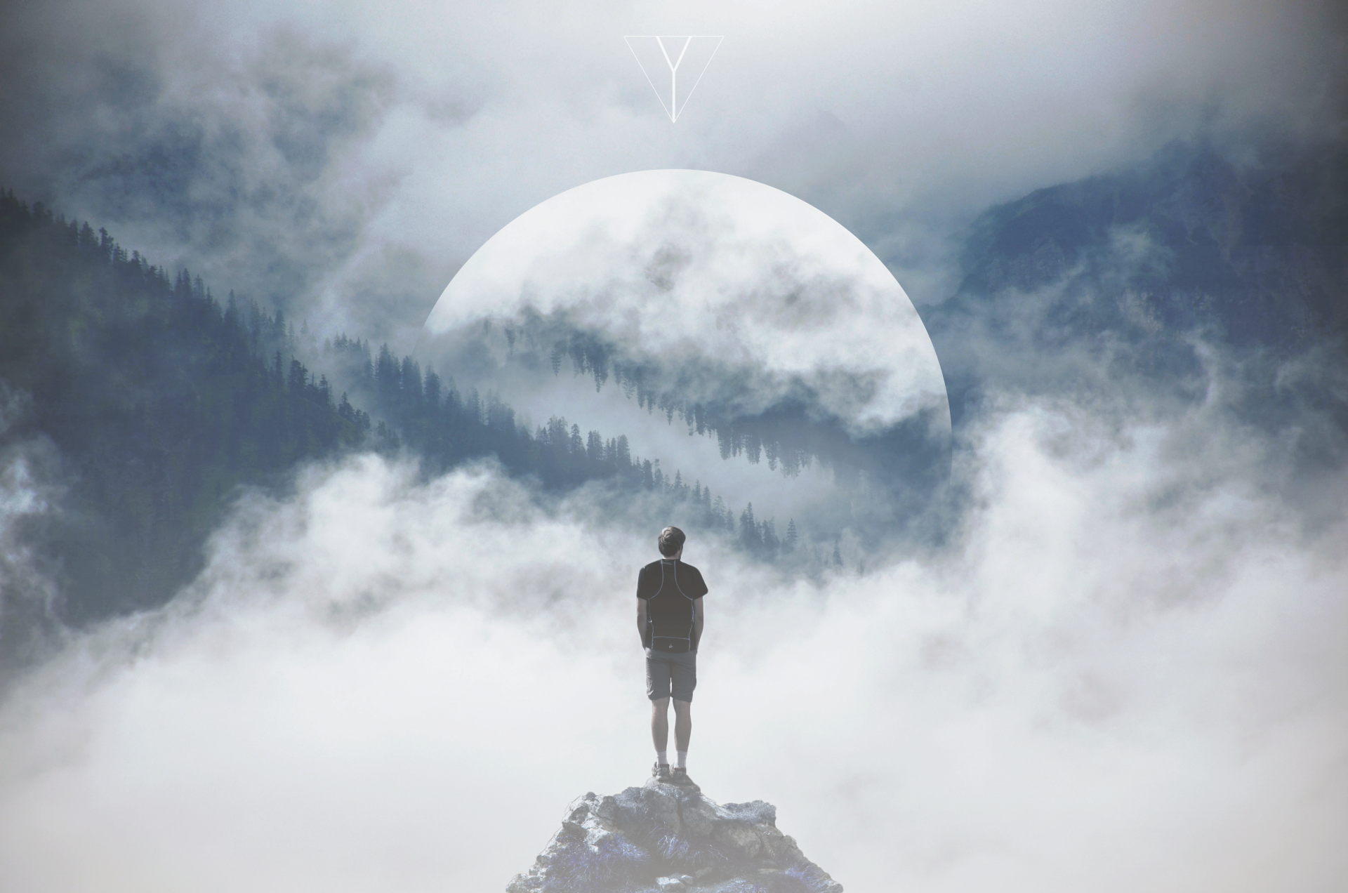 Surreal mountain photography/manipulation: lone figure stands on a rocky peak above clouds, facing a colossal moon — 4K Ultra HD PC desktop wallpaper background.