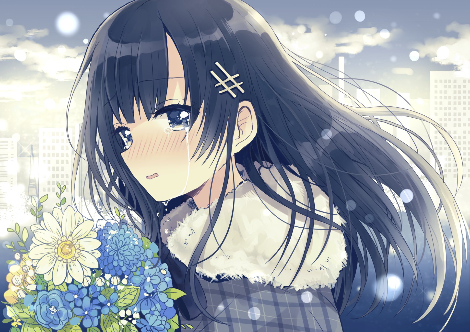 Anime Original 4K Ultra HD PC desktop wallpaper — a blushing dark-haired girl in a fur-collared coat holding blue and white flowers, snow drifting past a soft cityscape.