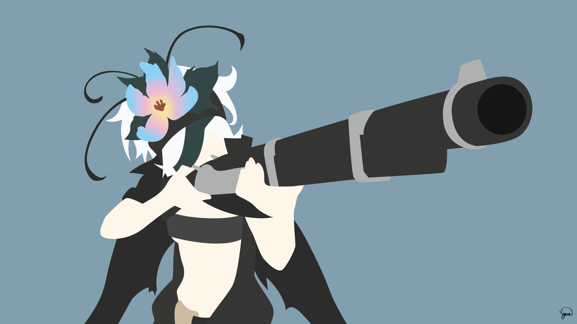 HD PC desktop wallpaper featuring Fremy Speeddraw from the anime Rokka: Braves Of The Six Flowers aiming with her rifle against a soft blue background.