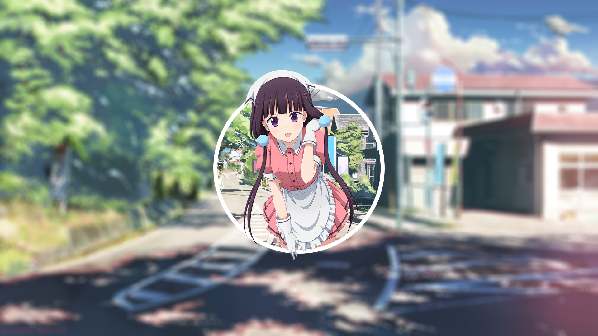 HD PC desktop wallpaper featuring Maika Sakuranomiya from the anime Blend S, set against a detailed, sunlit urban street background.