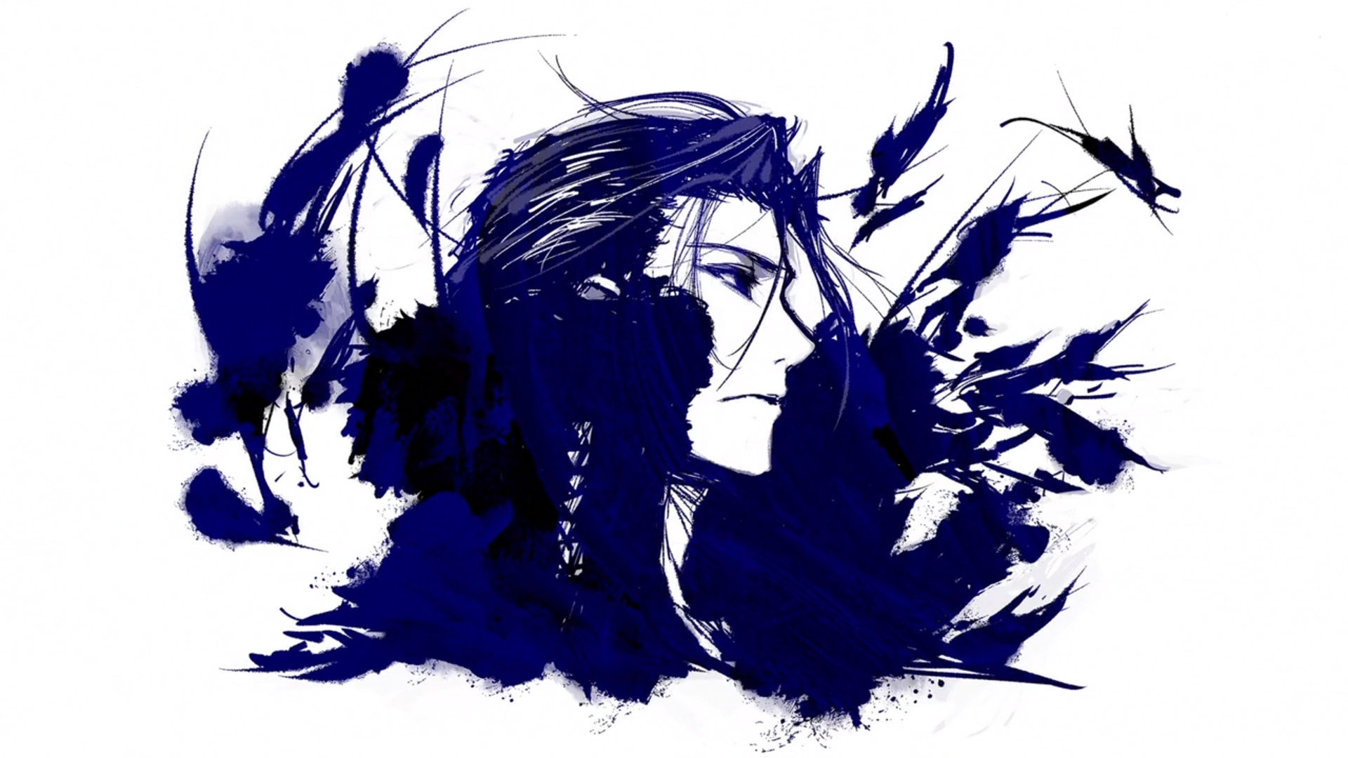 Anime HD PC desktop wallpaper, Fate/Extra: blue ink portrait of a long-haired, stoic character with feathered brushstrokes and flying crows against a white background.