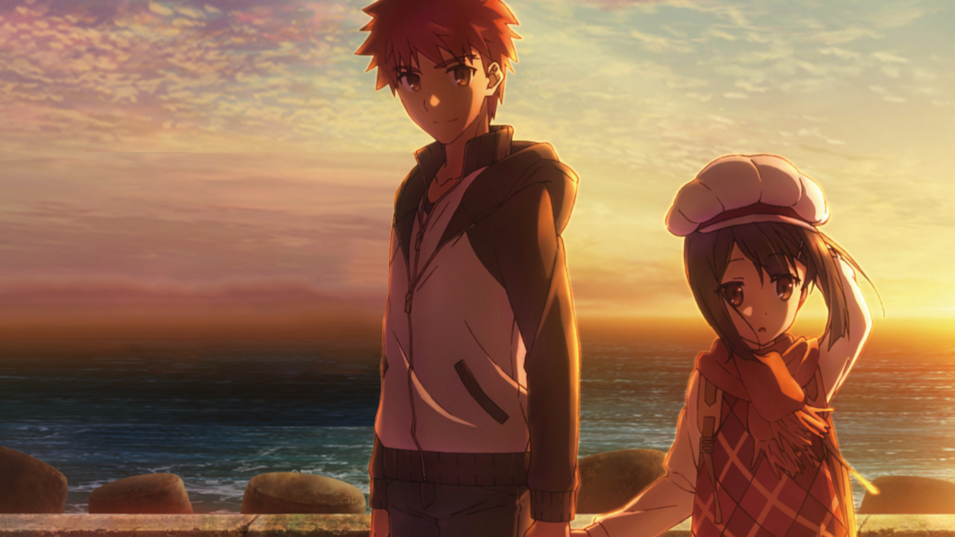 HD PC desktop wallpaper featuring Miyu Edelfelt and Shirou Emiya from the anime Fate/kaleid liner Prisma Illya standing by the seaside at sunset.