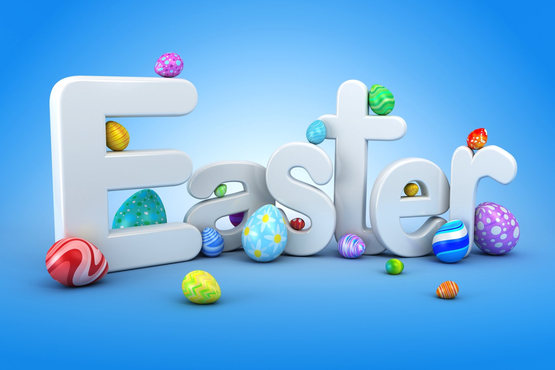 4K Ultra HD Easter-themed desktop wallpaper featuring colorful Easter eggs integrated around large white letters spelling Easter against a bright blue background.