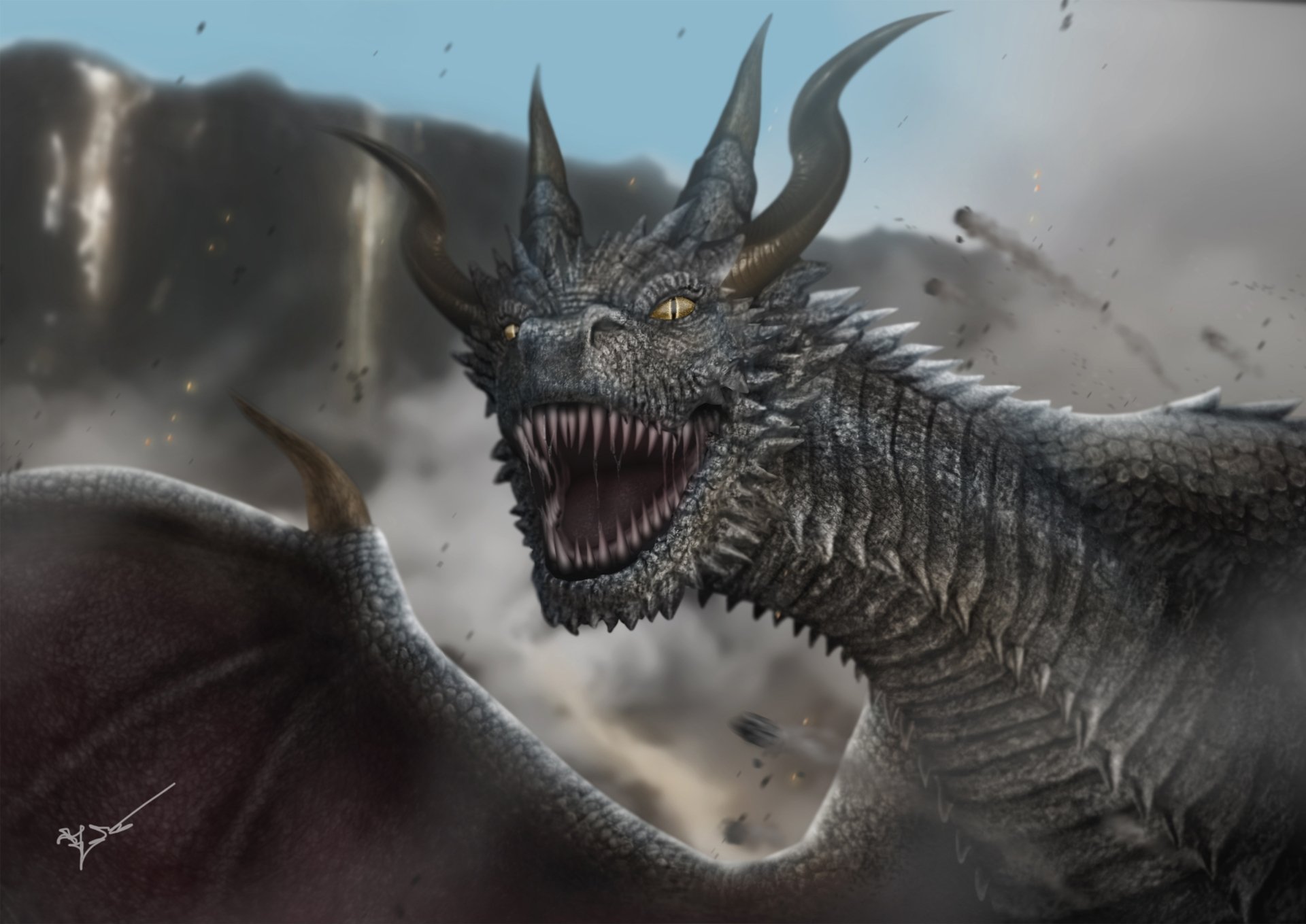 HD fantasy desktop wallpaper featuring a fierce dragon with sharp teeth, horns, and detailed scales against a dramatic mountainous background.