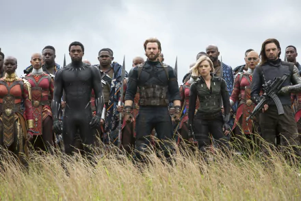 HD wallpaper featuring Captain America, Black Panther, Black Widow, and the Winter Soldier alongside Okoye and other warriors from Avengers: Infinity War, standing in a field ready for battle.