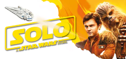 HD wallpaper featuring Alden Ehrenreich as Han Solo with Chewbacca and the Millennium Falcon from Solo: A Star Wars Story.