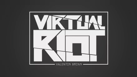 Minimalist music-themed HD PC desktop wallpaper showcasing a bold geometric VIRTUAL RIOT logo centered on a dark gradient background.