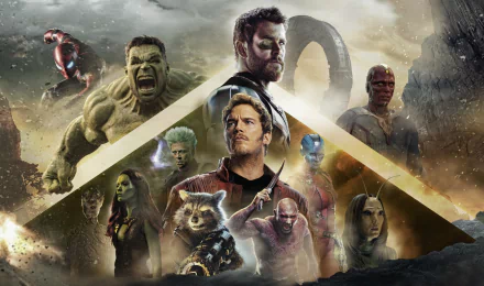 HD desktop wallpaper featuring Avengers: Infinity War heroes including Thor, Hulk, Spider-Man, Star-Lord, Rocket, Groot, Drax, Gamora, Mantis, Nebula, and Vision.