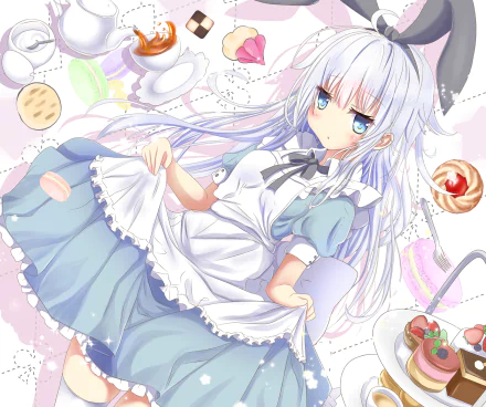 HD PC desktop wallpaper featuring Hibiki from Kantai Collection in anime style, dressed in a blue and white maid outfit surrounded by colorful sweets.