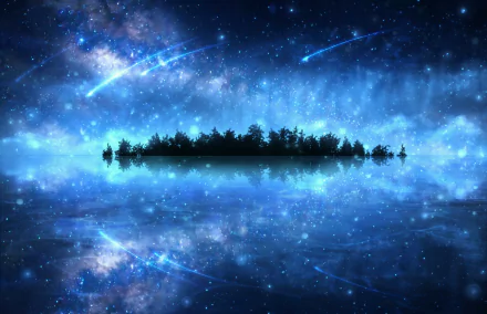 HD anime original desktop wallpaper featuring a serene night sky with shooting stars above a silhouetted forest island reflected on calm water.