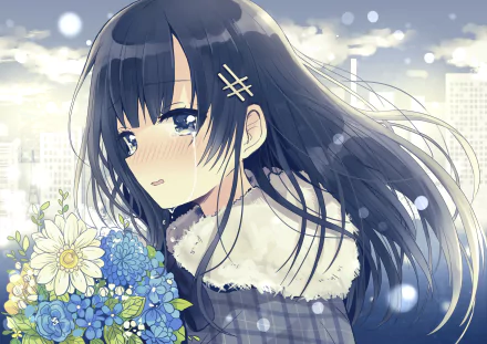 Anime Original 4K Ultra HD PC desktop wallpaper — a blushing dark-haired girl in a fur-collared coat holding blue and white flowers, snow drifting past a soft cityscape.