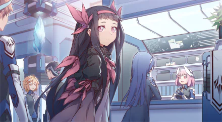 HD PC desktop wallpaper featuring an original anime-style scene with characters in a futuristic, softly lit interior setting.