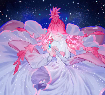HD PC desktop wallpaper of Wentricosus (Land of the Lustrous): pink-haired gem figure in a flowing petal-like gown clutching a glowing blue shard against a starry sky.