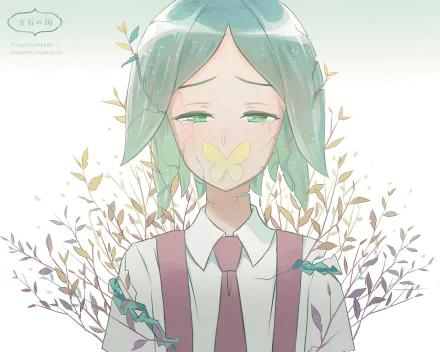 HD anime desktop wallpaper of Phosphophyllite from Land of the Lustrous, featuring soft colors and delicate plant elements surrounding the character.