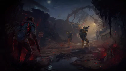 HD PC desktop wallpaper featuring a dark, intense scene from Tom Clancy's Rainbow Six Siege Outbreak mode with armed operators confronting an infected creature.