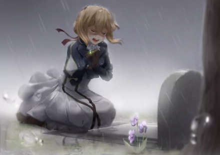 tombstone rain crying blonde Violet Evergarden (Character) Anime Violet Evergarden Rain Anime HD Desktop Wallpaper | Background Image
