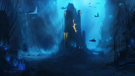 HD desktop wallpaper showing a fantasy underwater scene with a glowing ancient structure surrounded by sharks and manta rays swimming among blue corals and seaweed.