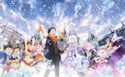 HD desktop wallpaper from Re:Zero - Starting Life in Another World, featuring characters Roswaal L. Mathers, Ram, Rem, Petra Leyte, Subaru Natsuki, Mild, Meina, Lucas, Emilia, Dine, Cain, and Beatrice in a snowy scene.
