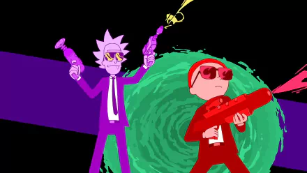 8K Ultra HD desktop wallpaper featuring Rick Sanchez and Morty Smith from Rick and Morty, styled with vibrant colors and inspired by Run the Jewels aesthetics.