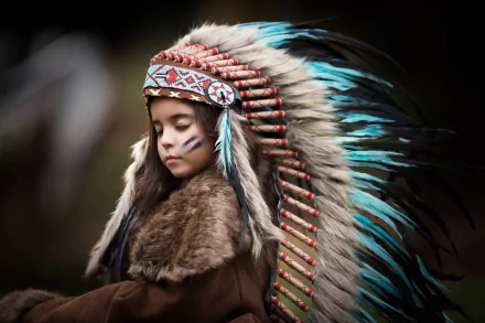 A young Native American girl wearing a traditional headdress and face paint, captured in an HD photography desktop wallpaper and background.