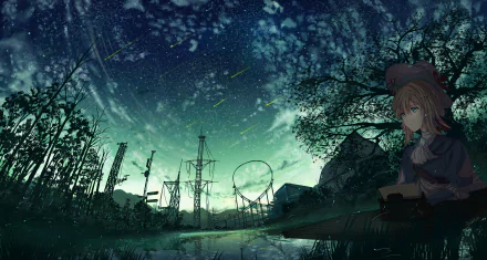 HD desktop wallpaper featuring Violet Evergarden from the anime Violet Evergarden. The scene shows a serene night sky with falling stars, an amusement park, and a calm body of water in the foreground.
