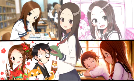 HD desktop wallpaper featuring Nishikata and Takagi from Karakai Jouzu no Takagi-san anime, showcasing various charming scenes in a collage format.
