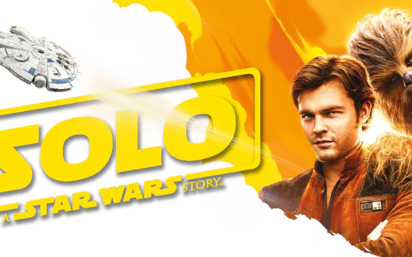HD wallpaper featuring Alden Ehrenreich as Han Solo with Chewbacca and the Millennium Falcon from Solo: A Star Wars Story.