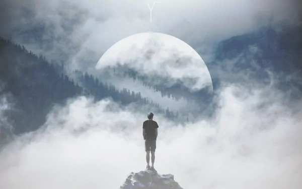 Surreal mountain photography/manipulation: lone figure stands on a rocky peak above clouds, facing a colossal moon — 4K Ultra HD PC desktop wallpaper background.