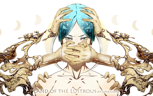 HD desktop wallpaper featuring Phosphophyllite from Land of the Lustrous, surrounded by multiple hands with an artistic design. The background includes crescent moons and intricate patterns.
