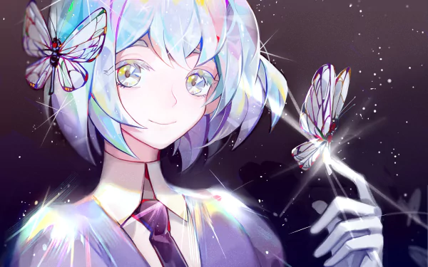 HD anime desktop wallpaper featuring Diamond from Land of the Lustrous, with shimmering colors and delicate butterflies against a starry background.