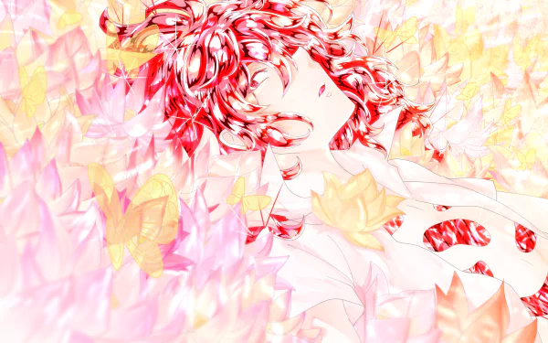 HD anime desktop wallpaper featuring Padparadscha from Land of the Lustrous surrounded by glowing butterflies in soft pink and orange hues.