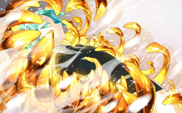 HD wallpaper featuring Phosphophyllite from the anime Land of the Lustrous, surrounded by vibrant, golden fluid in an action-packed scene.