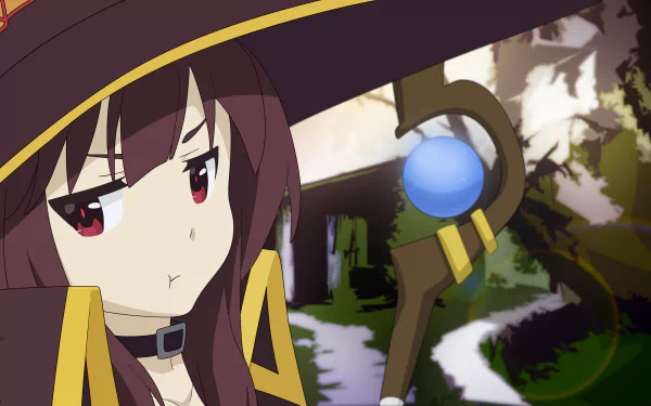 HD desktop wallpaper of Megumin, a mage from the anime KonoSuba - God’s Blessing on This Wonderful World!, wearing her signature hat and cloak, looking to the side with a forest path in the background.