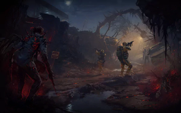 HD PC desktop wallpaper featuring a dark, intense scene from Tom Clancy's Rainbow Six Siege Outbreak mode with armed operators confronting an infected creature.