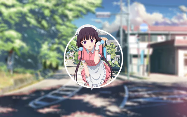 HD PC desktop wallpaper featuring Maika Sakuranomiya from the anime Blend S, set against a detailed, sunlit urban street background.