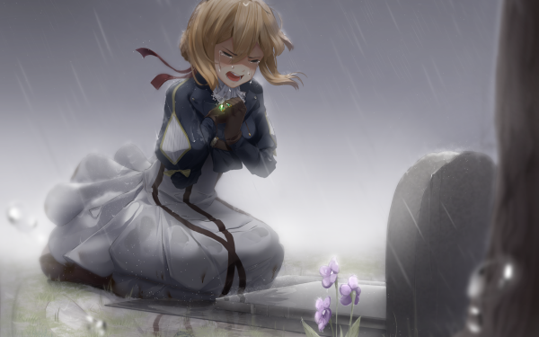 Anime Violet Evergarden Blonde Crying Rain Tombstone HD Wallpaper | Background Image