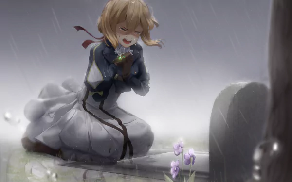 tombstone rain crying blonde Violet Evergarden (Character) Anime Violet Evergarden Rain Anime HD Desktop Wallpaper | Background Image