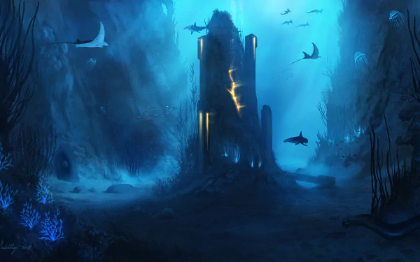 HD desktop wallpaper showing a fantasy underwater scene with a glowing ancient structure surrounded by sharks and manta rays swimming among blue corals and seaweed.