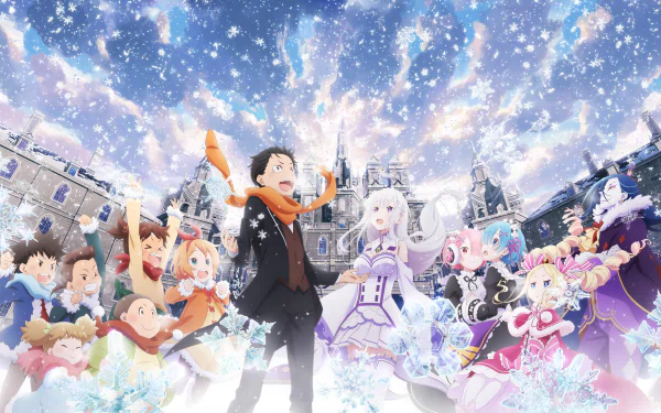 HD desktop wallpaper from Re:Zero - Starting Life in Another World, featuring characters Roswaal L. Mathers, Ram, Rem, Petra Leyte, Subaru Natsuki, Mild, Meina, Lucas, Emilia, Dine, Cain, and Beatrice in a snowy scene.