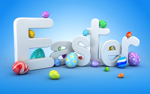 4K Ultra HD Easter-themed desktop wallpaper featuring colorful Easter eggs integrated around large white letters spelling Easter against a bright blue background.