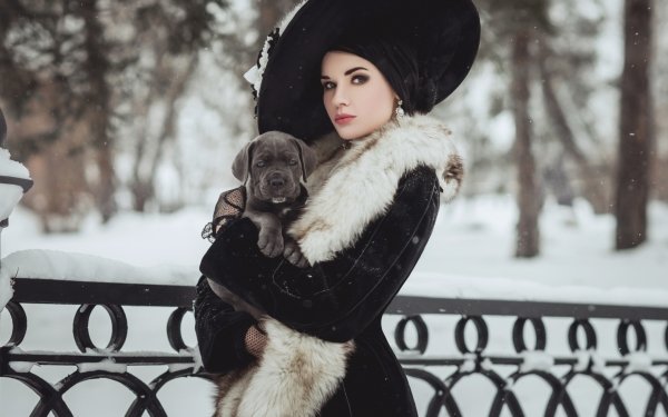 Women Model Depth Of Field Fur Hat Dog Puppy Winter HD Wallpaper | Background Image