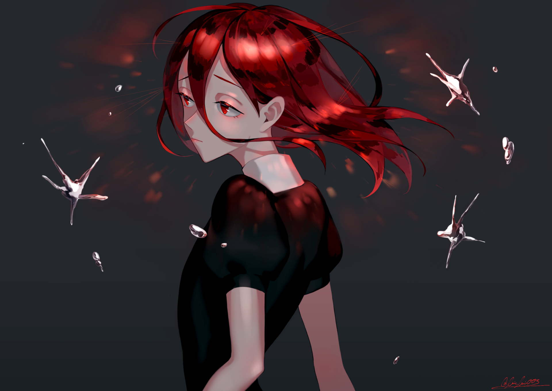 HD PC wallpaper featuring Cinnabar from the anime Land of the Lustrous, with vivid red hair and dark attire against a muted background.