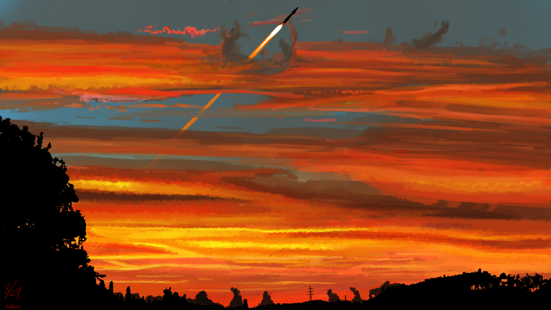 Anime-style 4K Ultra HD desktop wallpaper depicting a missile soaring through a vibrant orange and red sky filled with clouds at sunset.