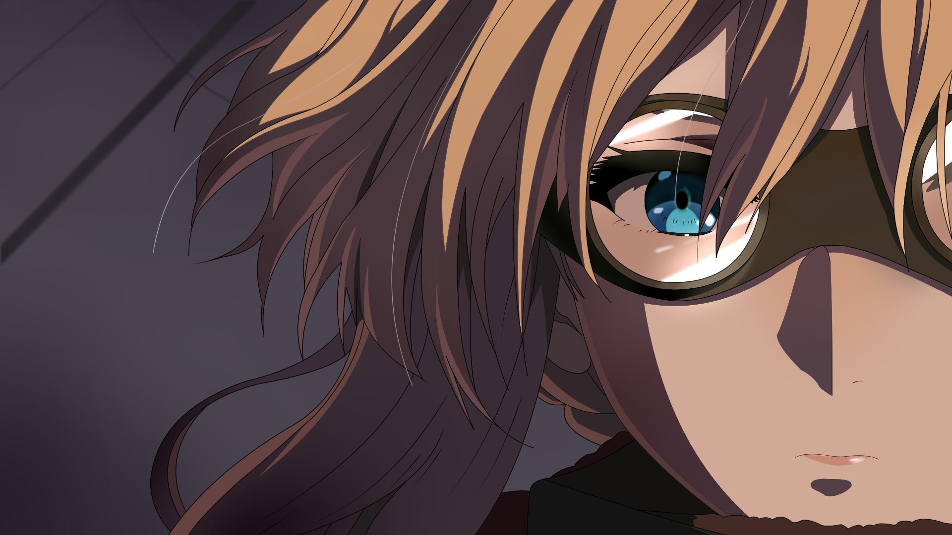 Close-up of Violet Evergarden from the anime, showcasing her blue eye and intricate hair details in this HD PC desktop wallpaper and background.
