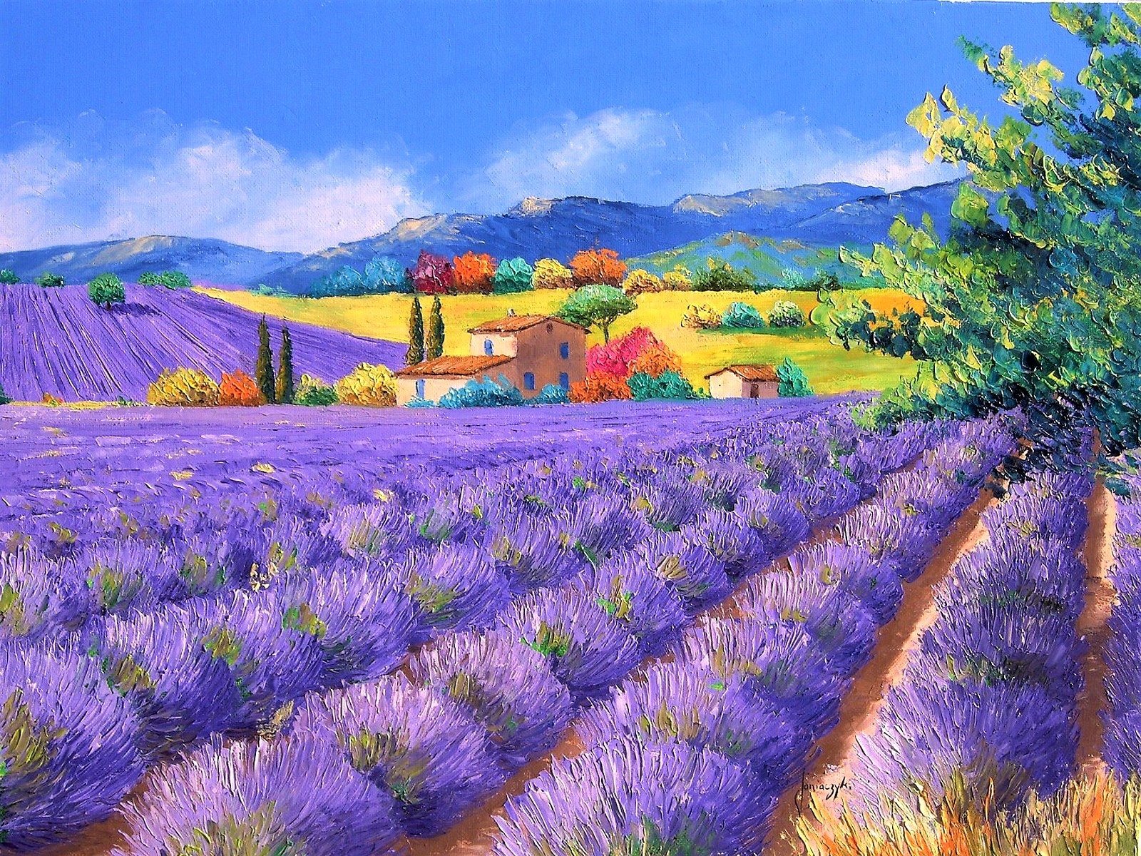 Artistic painting of the Italian countryside: purple lavender fields leading to a farmhouse with rolling hills and cypress trees — HD PC desktop wallpaper background.
