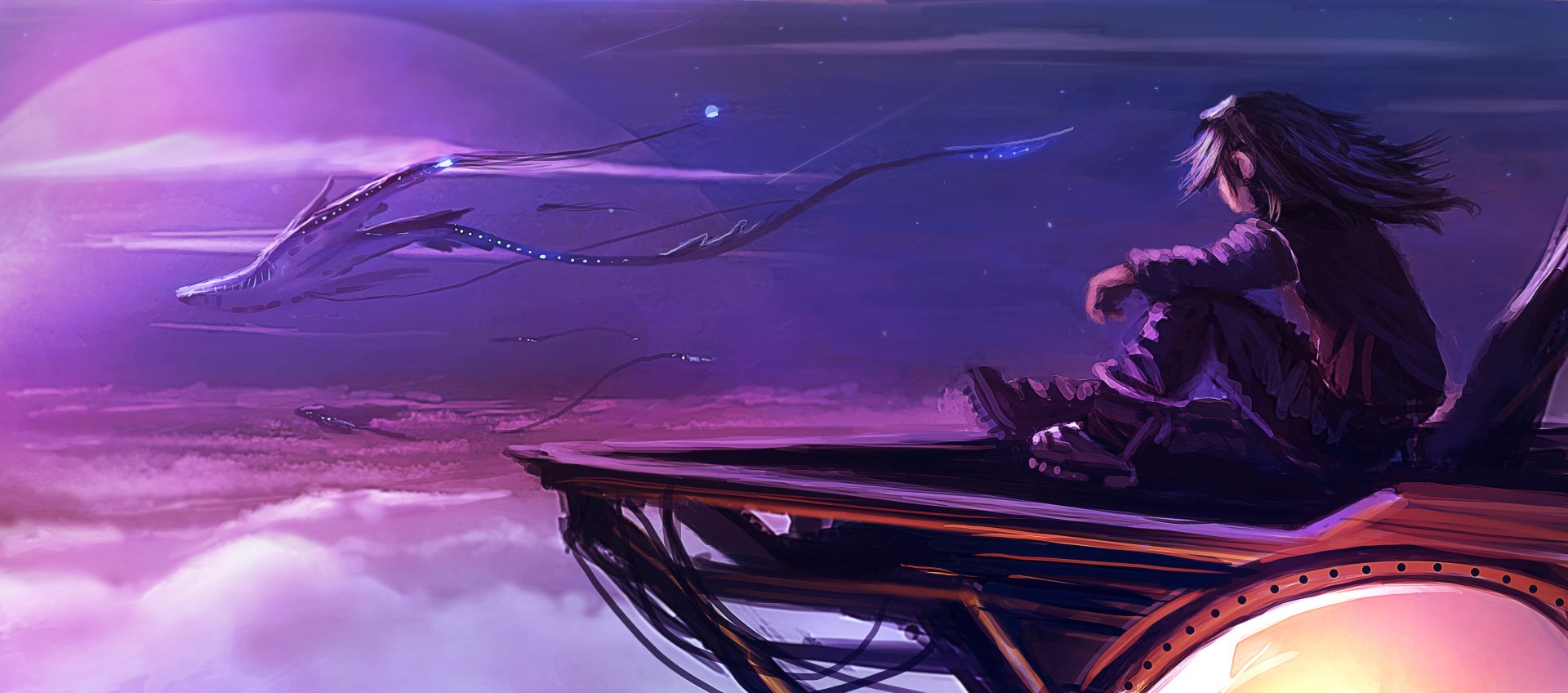 4K Ultra HD PC desktop wallpaper/background: fantasy sky scene with a lone figure seated on a cliff watching graceful winged creatures glide through violet clouds.