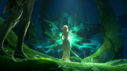 HD PC desktop wallpaper and background from the movie Throne of Elves: a glowing elf figure stands before a luminous green magical throne in a moonlit forest.