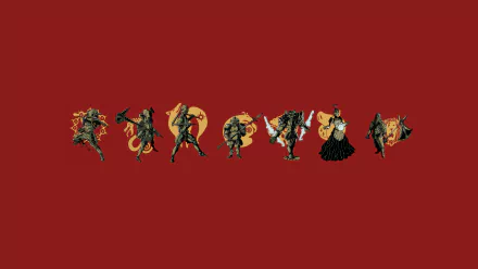 Seven characters from The Seven Deadly Sins anime pose on a red background. HD desktop wallpaper.