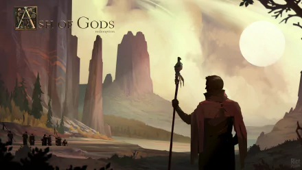 HD desktop wallpaper for Ash of Gods: Redemption featuring a mystical landscape with a cloaked figure, towering rock formations, and a glowing sun.