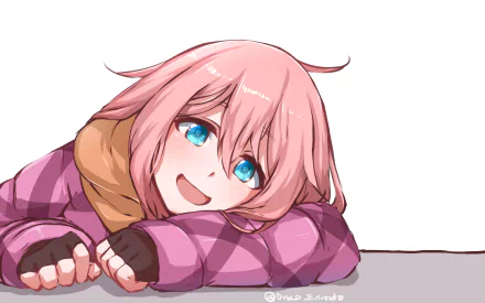 HD anime desktop wallpaper featuring Nadeshiko Kagamihara from Laid-Back Camp, showcasing her bright blue eyes and pink hair with a warm smile.